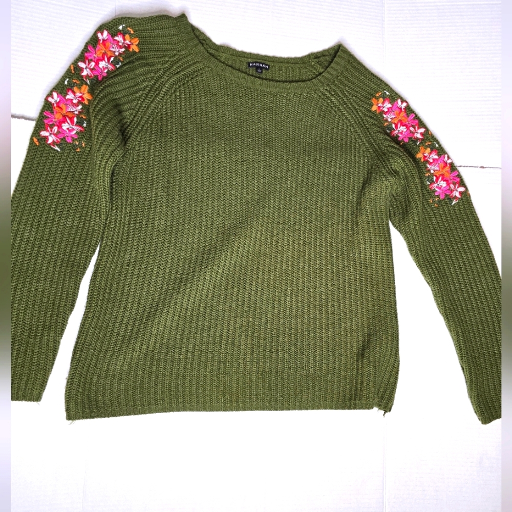 Olive Green Sweater with Floral Embroidery